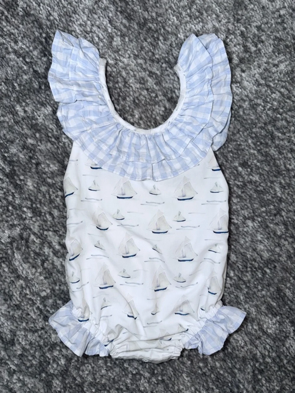 EUC Busy Bee Smocks sail boat print with blue gingham ruffles swimsuit 18mo